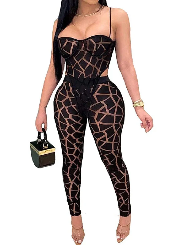 Two Piece Mesh Spaghetti Strap Print Top & Long Pants High-Waist Jogger Pants