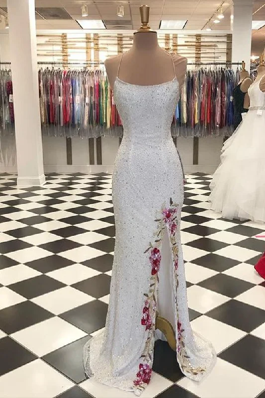 Shiny White Straps Long Party Dress with Slit,DP1947 Tunics Ceremony elegant