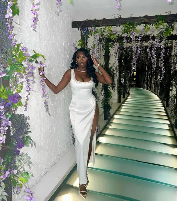 White Square Neck Black Girl Long Party Dress with High Slit,DP1804 empire Waist empire White Square Neck Black Girl Long Party Dress with High Slit,DP1804 empire Waist empire