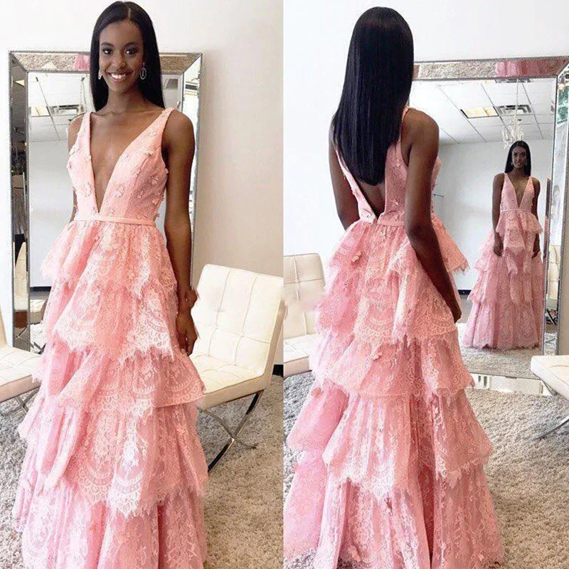 Pink Deep V Neck Lace Layers Formal Long Party Dress,DP1765 Tunics Long Elegant