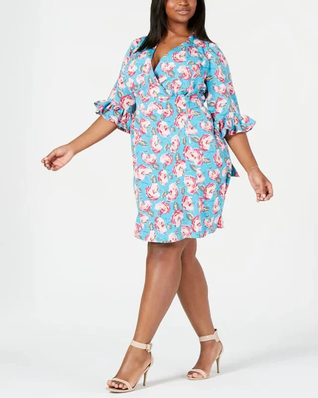 Betsey Johnson Women's Plus Floral Ruffled Party Dress Blue Size 14W | Blue Tunics Party sparkling