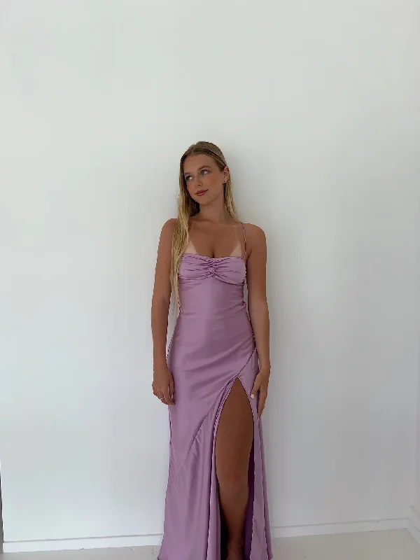 Lilac Spaghetti Straps Satin Simple Party Dress with Slit, DP2187 Tunics Stylish elegant Lilac Spaghetti Straps Satin Simple Party Dress with Slit, DP2187 Tunics Stylish elegant