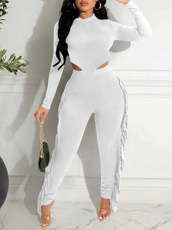 Two Piece Solid Color Top+Tassels Pant Set Chic Faux Leather Pants