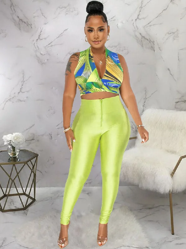 Two Piece Houndstooth Print Tops & Pants Trendy Tapered Pants