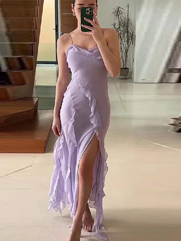 Lilac Spaghetti Straps Ruffles Long Party Dress with Slit,DP1793 Square Neckline Feminine Lilac Spaghetti Straps Ruffles Long Party Dress with Slit,DP1793 Square Neckline Feminine