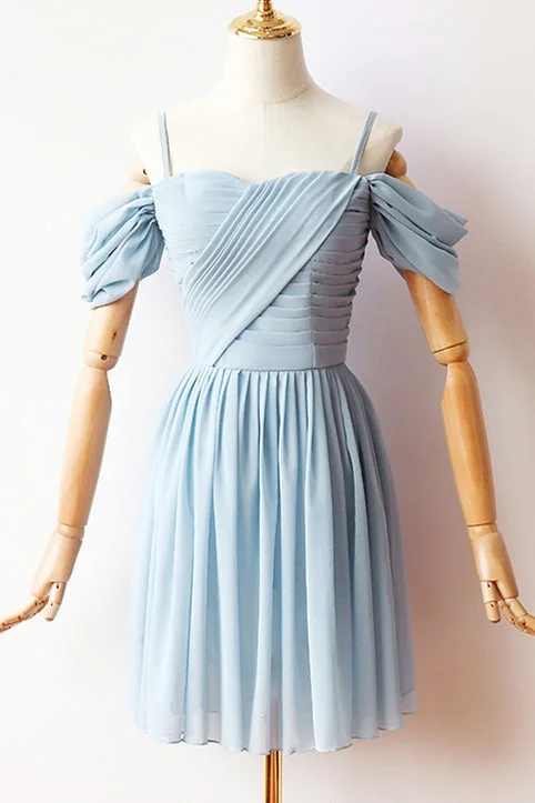 Pleated Short Blue Chiffon Party Dress Tunics Solid Classic