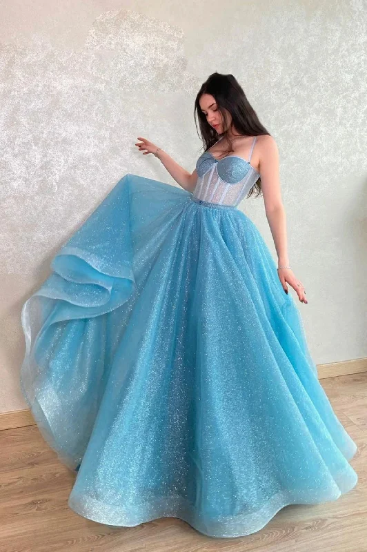 Mavis | Blue Tulle Long A-Line Prom Dress, Blue Lace-Up Evening Dress with Corset Tunics Essential wardrobe