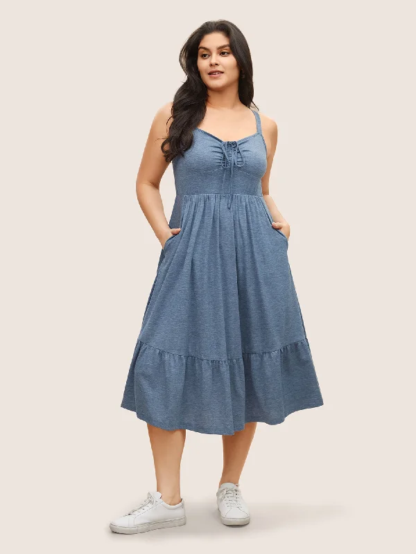 Solid Ruffle Layered Hem Drawstring Cami Dress Tunics stripes playful