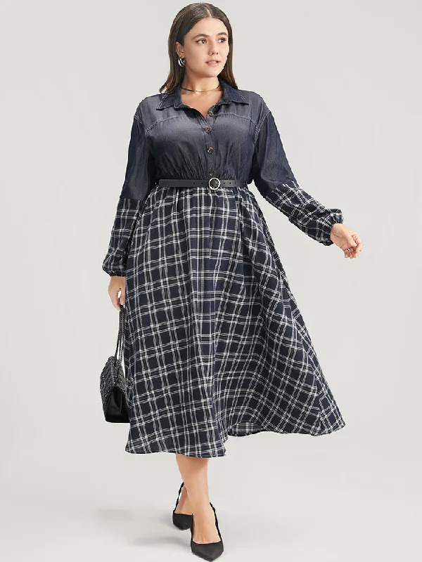 Gingham Patchwork Button Pocket Shirt Collar Dress Without Belt Tunics stripes playful