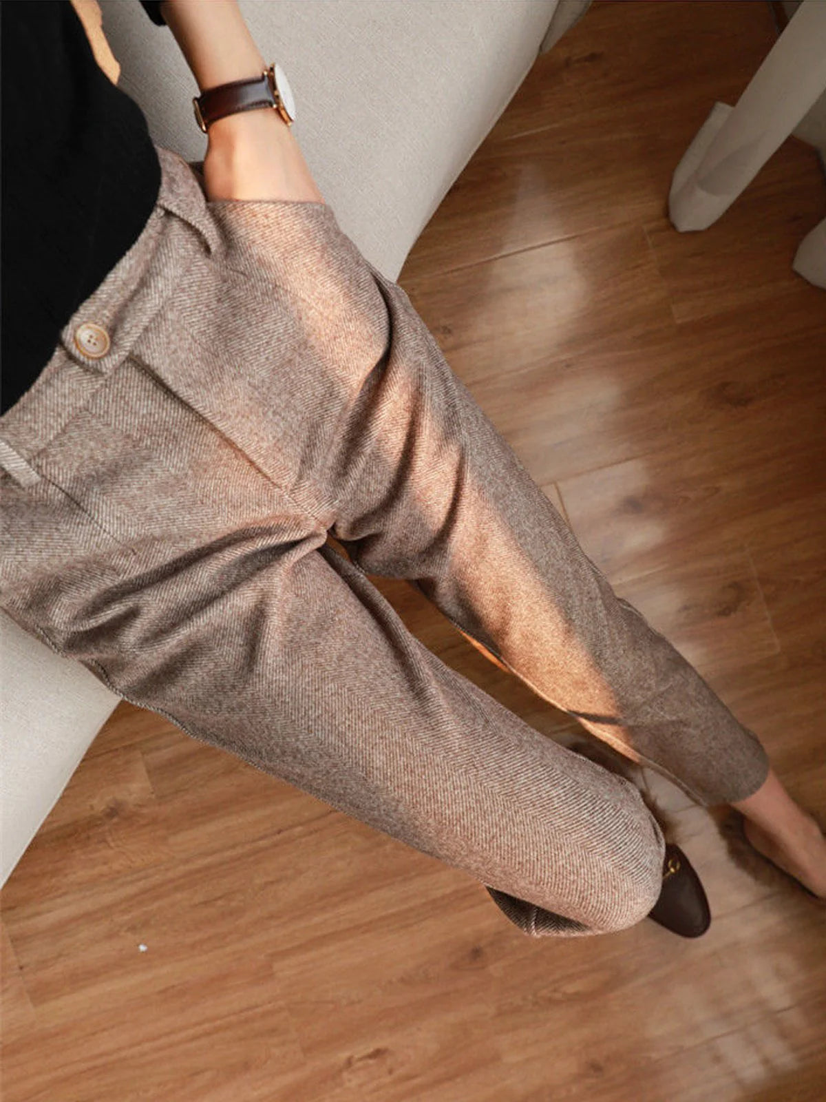 Herringbone Pencil Pants Stylish Slim Trousers