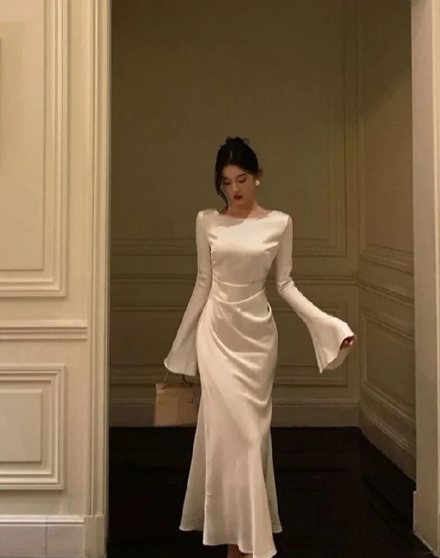 White Long Sleeves Long Prom Dress Elegant Party Dress,DP1483 Tunics Custom made