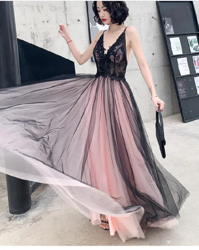 Pink Tulle V-Neck Applique Long Party Dress Evening Gown, DP2080 Halter Neckline Beach Pink Tulle V-Neck Applique Long Party Dress Evening Gown, DP2080 Halter Neckline Beach