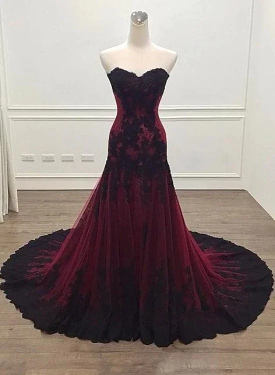Burgundy Sweetheart Tulle Lace Evening Gown Long Formal Party Dress, DP2078 Off-the-shoulder Chic Trendy Burgundy Sweetheart Tulle Lace Evening Gown Long Formal Party Dress, DP2078 Off-the-shoulder Chic Trendy