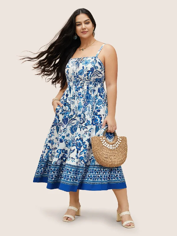 Boho Print Tie Knot Shirred Cami Dress A-Line Day Work