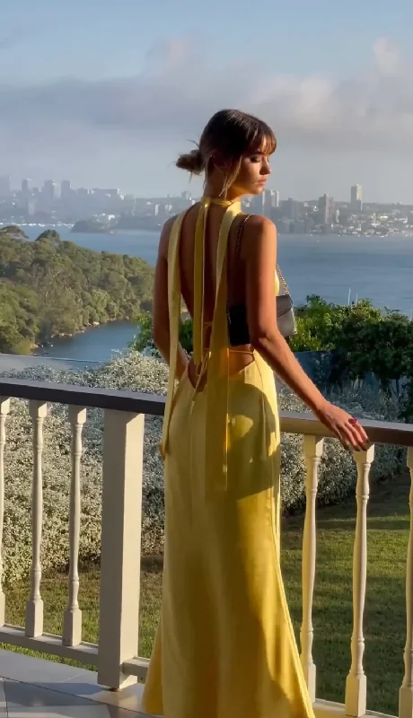 Yellow Halter Backless Satin Elegant Long Party Dress, DP2003 Tunics Fleece cozy