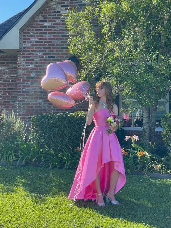 Pink Strapless High-Low Satin Birthday Party Dress,DP1840 Off-the-shoulder Bohemian Festive Pink Strapless High-Low Satin Birthday Party Dress,DP1840 Off-the-shoulder Bohemian Festive