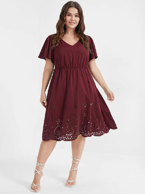 Solid Ruffles Pocket Broderie Anglaise Knee Dress Tunics Occasion special