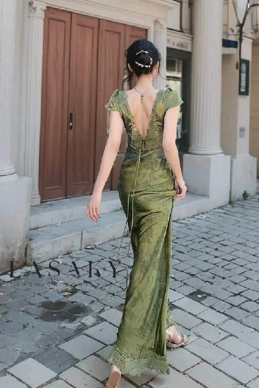 Green V Neck Cap Sleeves Sheath Long Party Dress,DP1856 Sequined Elegant Party