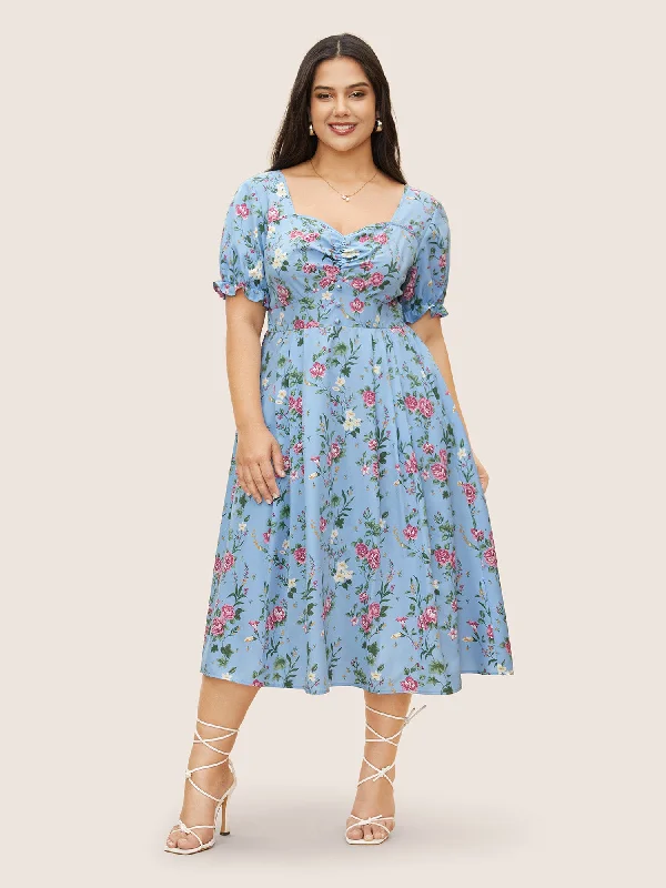 Floral Heart Neckline Shirred Lantern Sleeve Dress Tunics Trendy modern