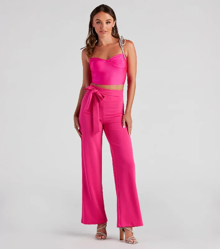 Style Game Crepe Tie Waist Pants Classic Bootcut Trousers