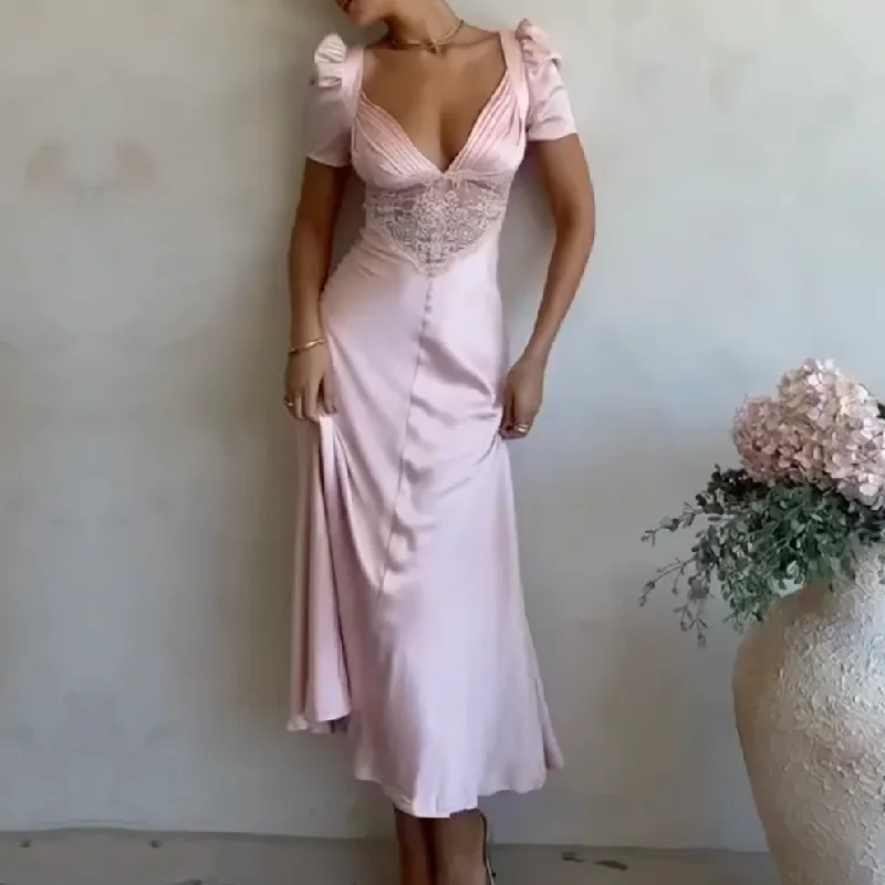 Light Pink Elegant Lace Satin Short Sleeves Party Dress, DP2224 Tunics Bestseller popular Light Pink Elegant Lace Satin Short Sleeves Party Dress, DP2224 Tunics Bestseller popular