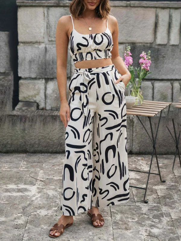 Blue Zone Planet |  Women's printed sleeveless suspender top + long wide-leg pants two-piece set Soft Sweatpants Style