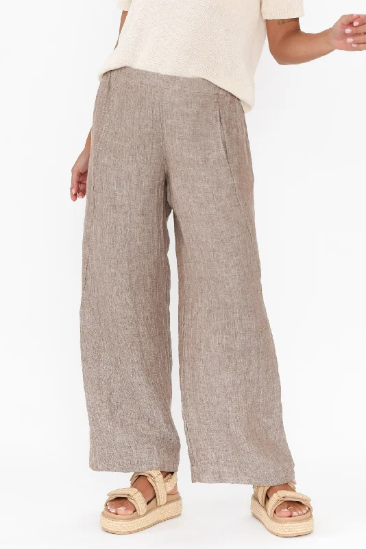 Xandra Taupe Linen Pocket Pants Wide-Legged Palazzos