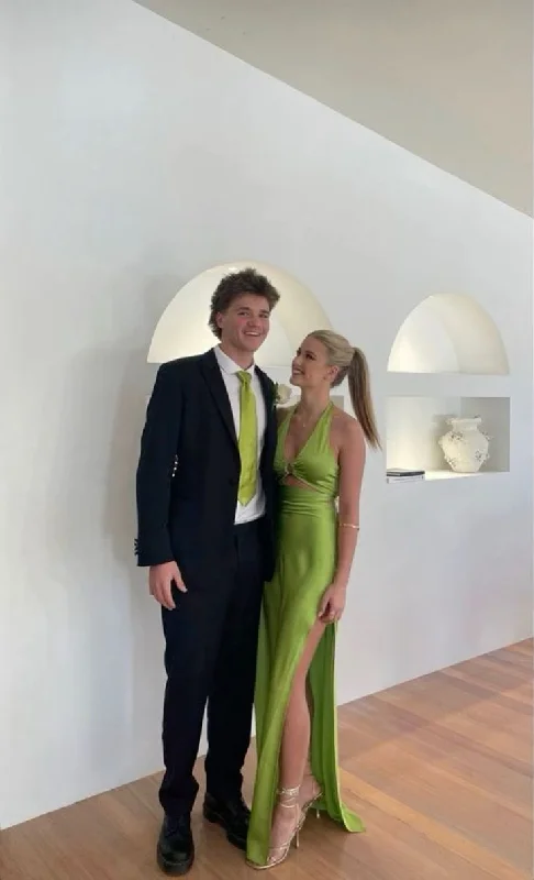 Green Halter V Neck Cut Out Satin Long Party Dress,DP1950 Tunics Bridal satin