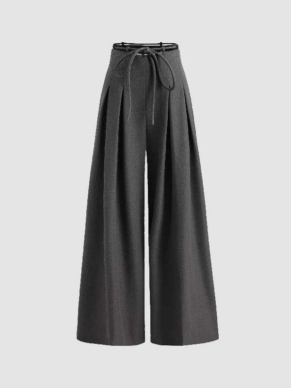Waistband Pleated Palazzo Wide-Leg Pants Fashionable Sporty Pants