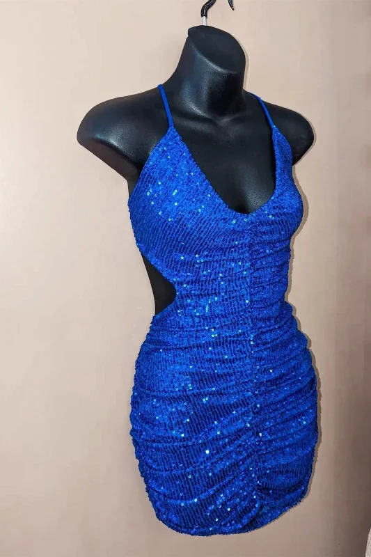 Blue Sequin Halter Tight Short Party Dress Tunics Seasonal trendy