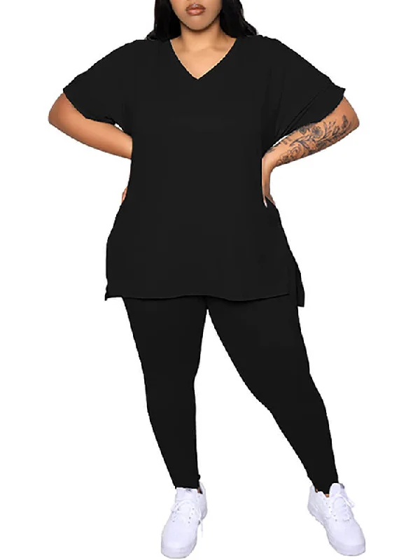 Plus Size Short Sleeve Tops Bodycon Long Pants Set Cozy Fitted Pants
