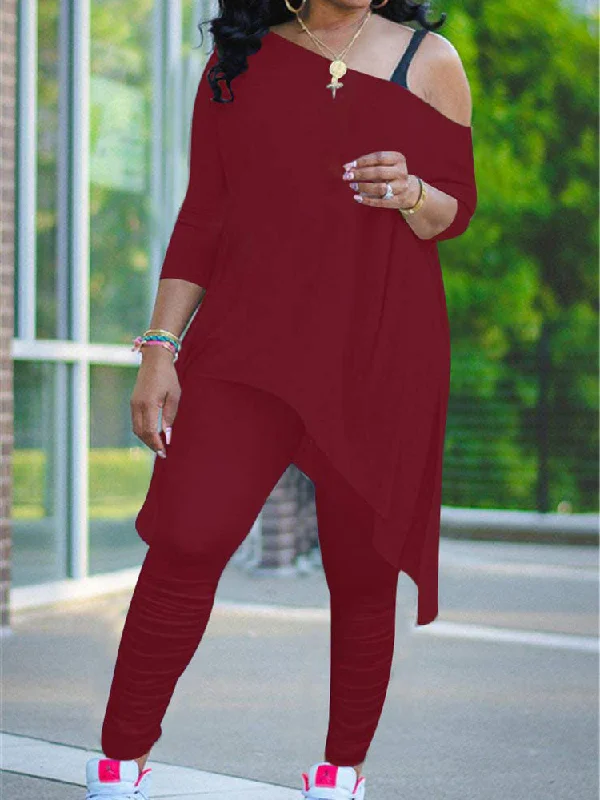Plus Size Two Piece One Shoulder Tops+ Pants Trendy Velvet Pants