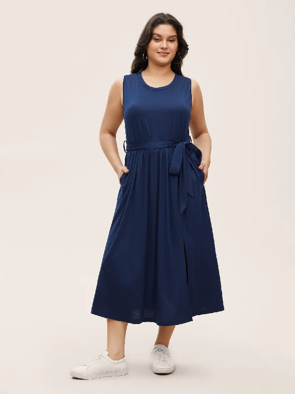 Solid Slit Hem Sleeveless Belted Dress Tunics Stylish modern