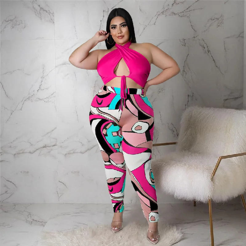 Plus Size Criss Cross Halter Top & Bodycon Pants Comfy Cargo Trousers