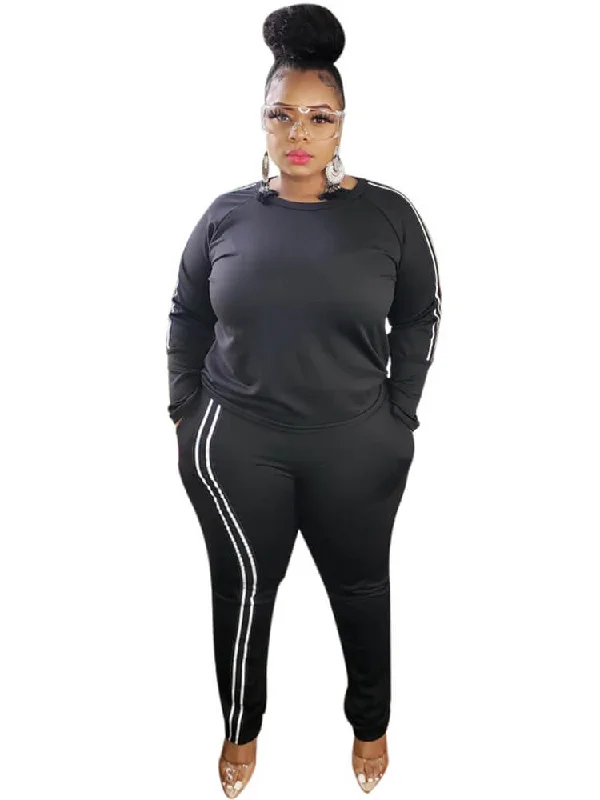 Plus Size Two Piece Stripe Long Sleeve Tops + Pants Sets Fashionable Button-Up Pants