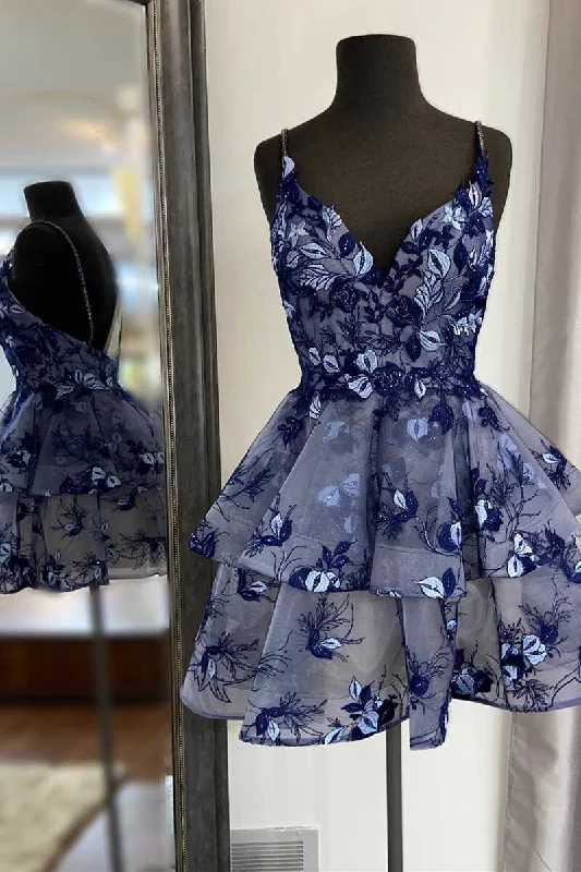 Navy Blue Floral Print A-Line Short Party Dress Mermaid Tail Wedding