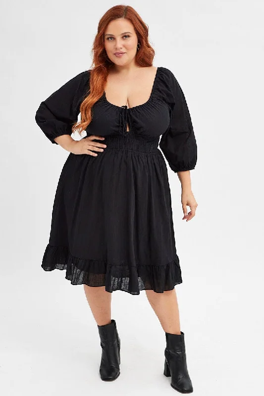 Black Skater Dress Puff Sleeve Shirred Waist Cotton Tunics Cozy soft