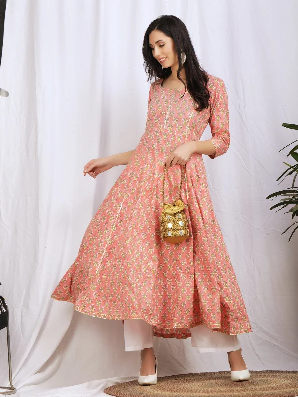 Peach Pink 'Kalidaar' Cotton Kurta with Palazzo Pants Relaxed Linen Pants