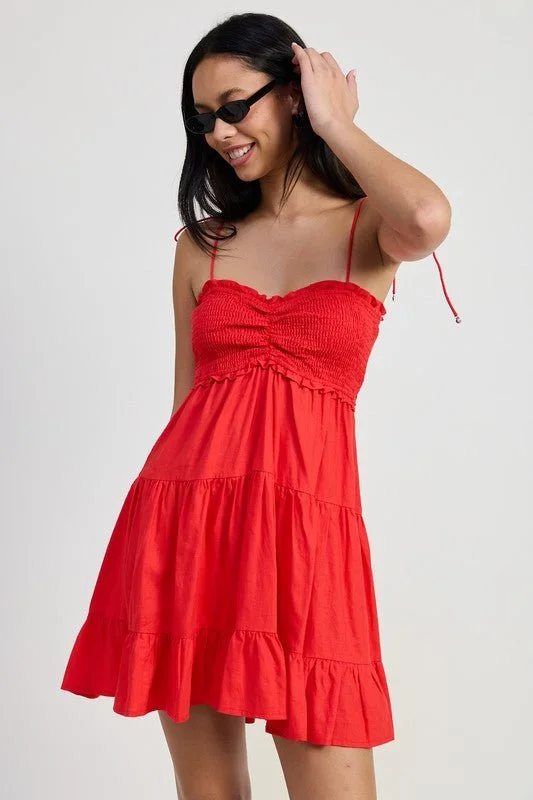 Red Smocked Ruffle Dress Tunics Chic elegant