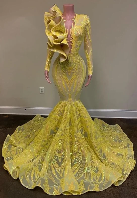 yellow sparkly evening dresses long sleeve mermaid modest sequin applique luxury formal party dresses vestidos de fiesta de longo Tunics Luxurious premium yellow sparkly evening dresses long sleeve mermaid modest sequin applique luxury formal party dresses vestidos de fiesta de longo Tunics Luxurious premium