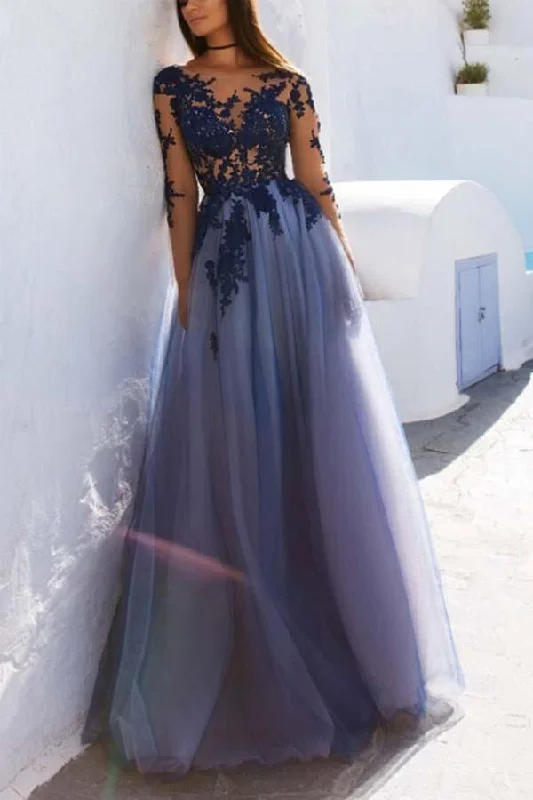Gabrielle | Sexy Long Sleeves Blue Lace Open Back Prom Dresses Evening Dresses Tunics Versatile stylish