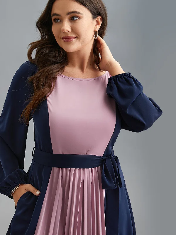 Color-Block Stretchy Waist-Cinched Pockets Dress Tunics Trendy modern