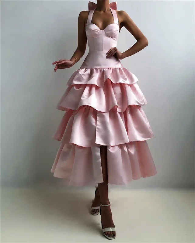 Pink Halter Satin Ankle Length Party Dress Evening Gown,DP1764 Tunics Short Trendy