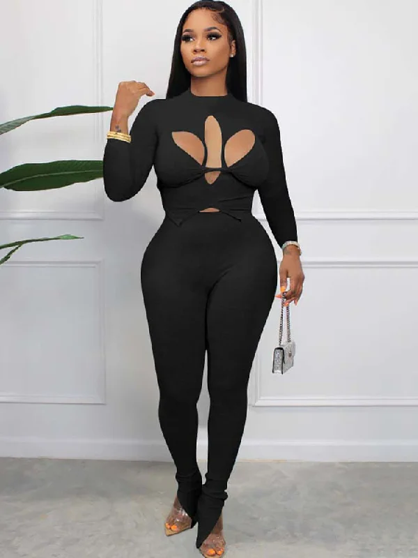 Two Piece Long Sleeve Hollow Out Tops & Pants Classic Pleated Pants