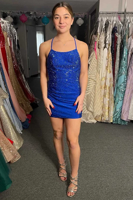 Royal Blue Beaded Lace-Up Bodycon Short Party Dress Tunics Running lightweight