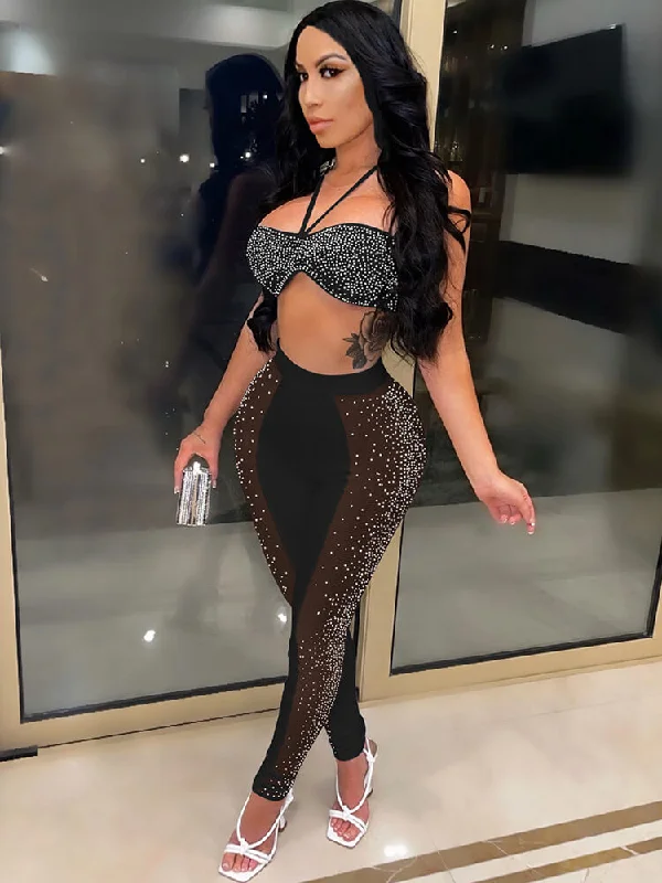 Two Piece Rhinestone Halter Top & Mesh Pants Comfortable Jogging Pants