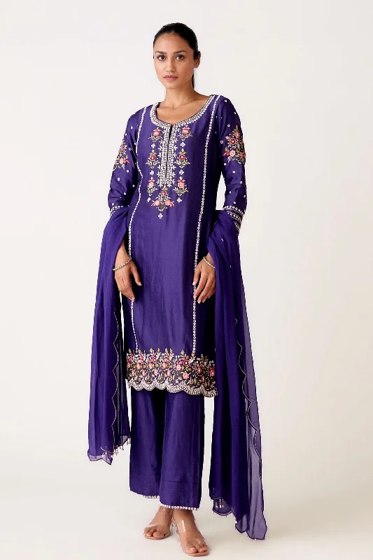 51Z131-RO Purple Chanderi Embroidered Pant Suit With Dupatta Comfortable Maternity Pants