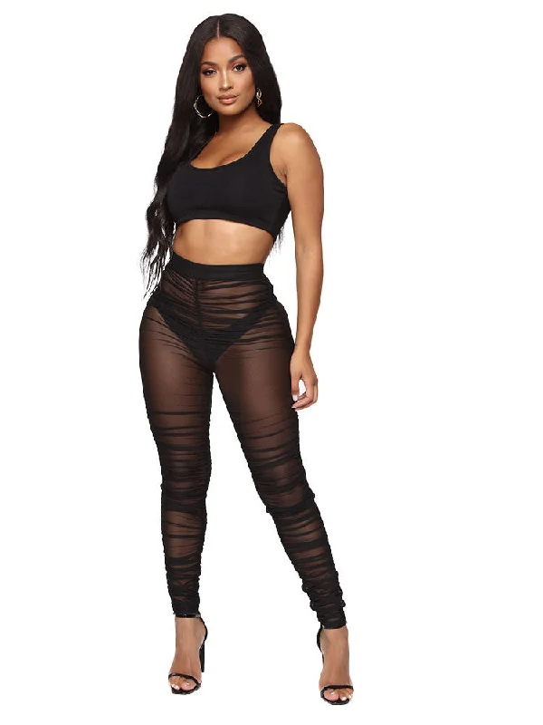 Mesh Solid Ruched Bodcon Long Pants Trendy Printed Leggings