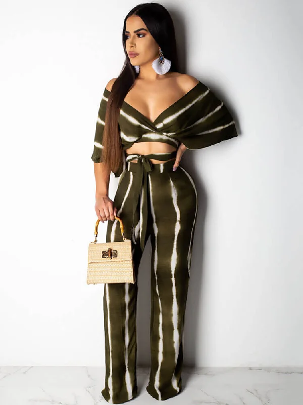 2 Pieces Tie Dye Off Shoulder Top+Pants Sets Formal Wide-Leg Pants