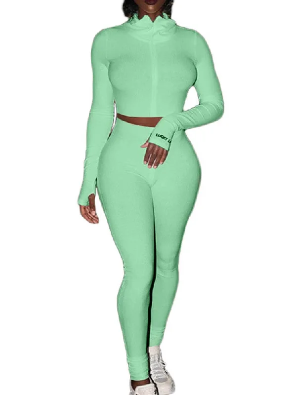 Two Piece Zip Up Tops & Bodycon Long Pants Formal Linen Trousers
